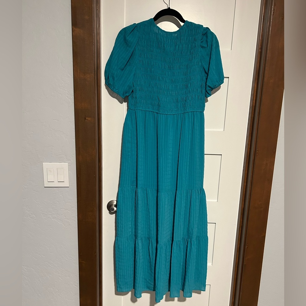 Teal Puff-Sleeve Tiered Midi Dress Size 8 - Picture 5 of 8